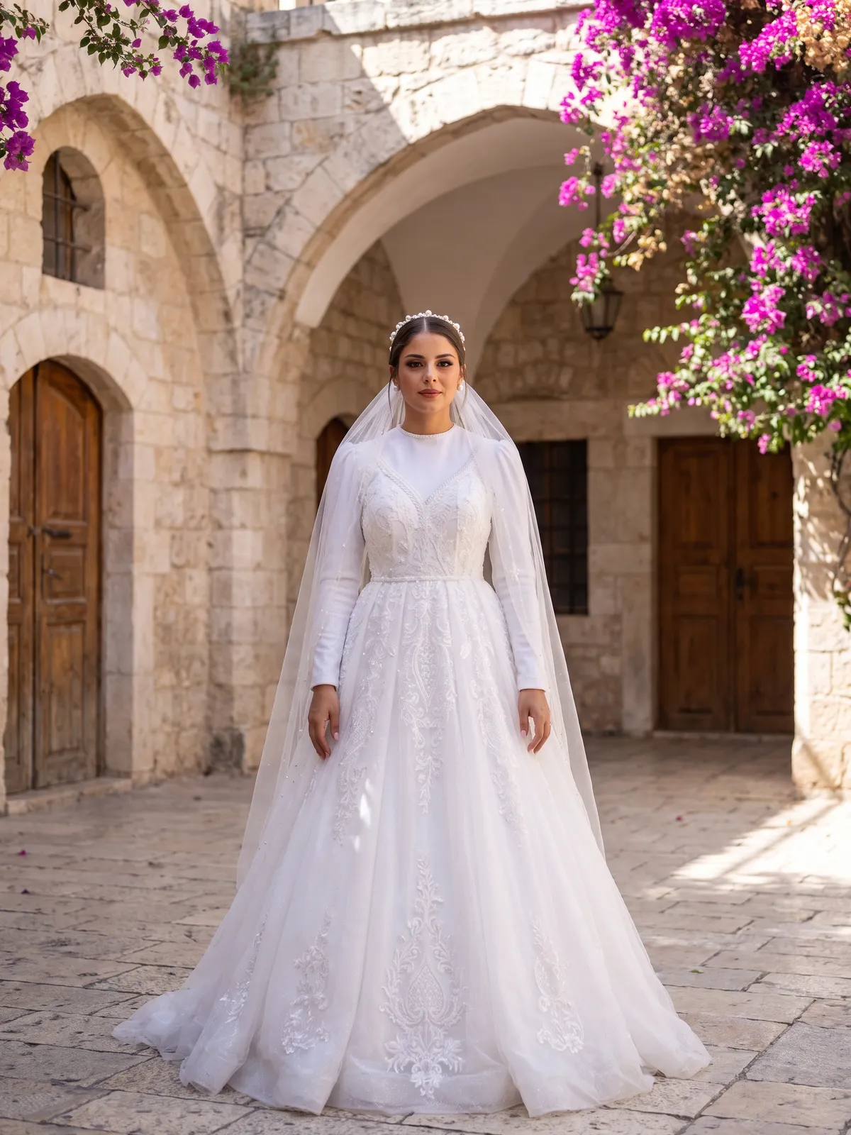 שמלת כלה צנועה בגזרת A עם שרוולים ארוכים והינומה, בחצר אבן ירושלמית עטורת בוגנוויליה