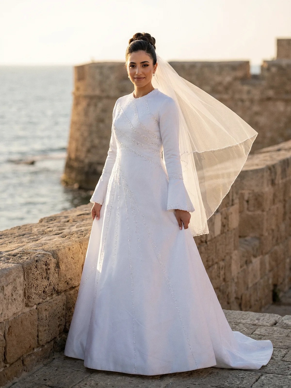 שמלת כלה צנועה מסאטן עם קווי חרוזים באלכסון ושרוולים ארוכים שנפתחים בסוף כמו פעמון, על חומות עכו מול הים