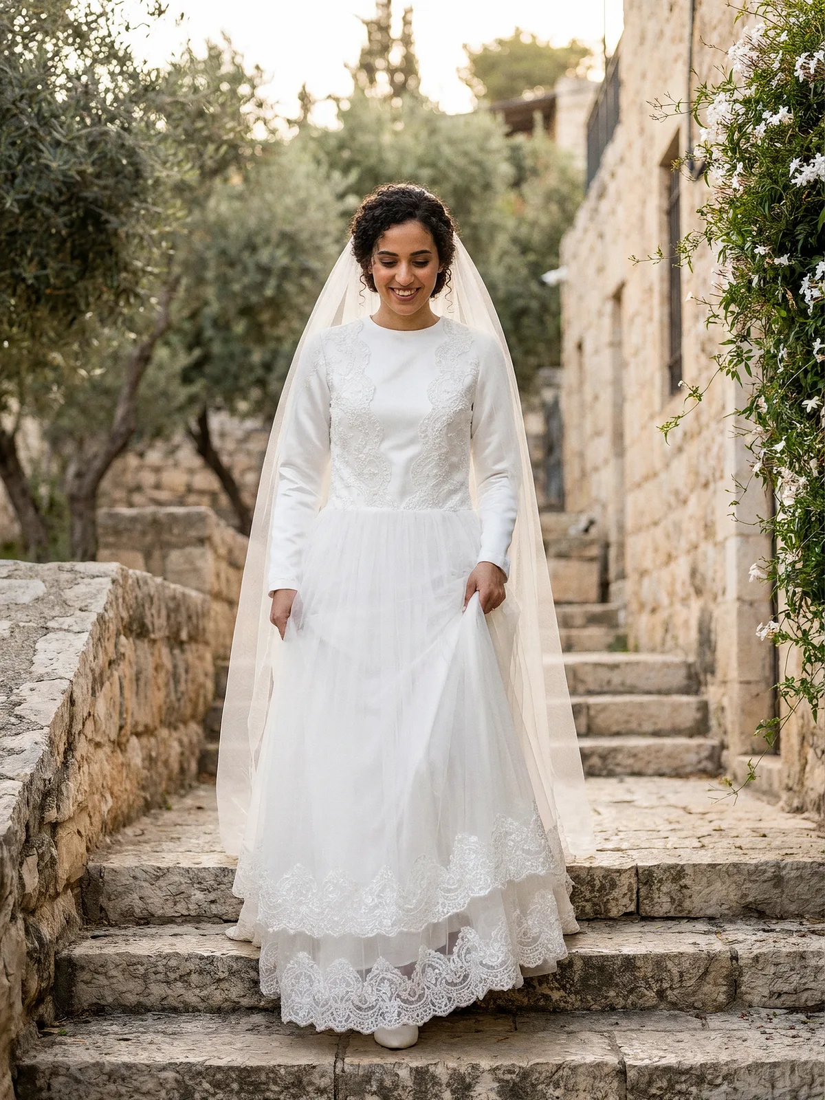 שמלת כלה צנועה עם תחרה בחלק העליון, שרוולי סאטן ארוכים וחצאית טול עם שוליים בשכבות תחרה, במדרגות אבן בעין כרם