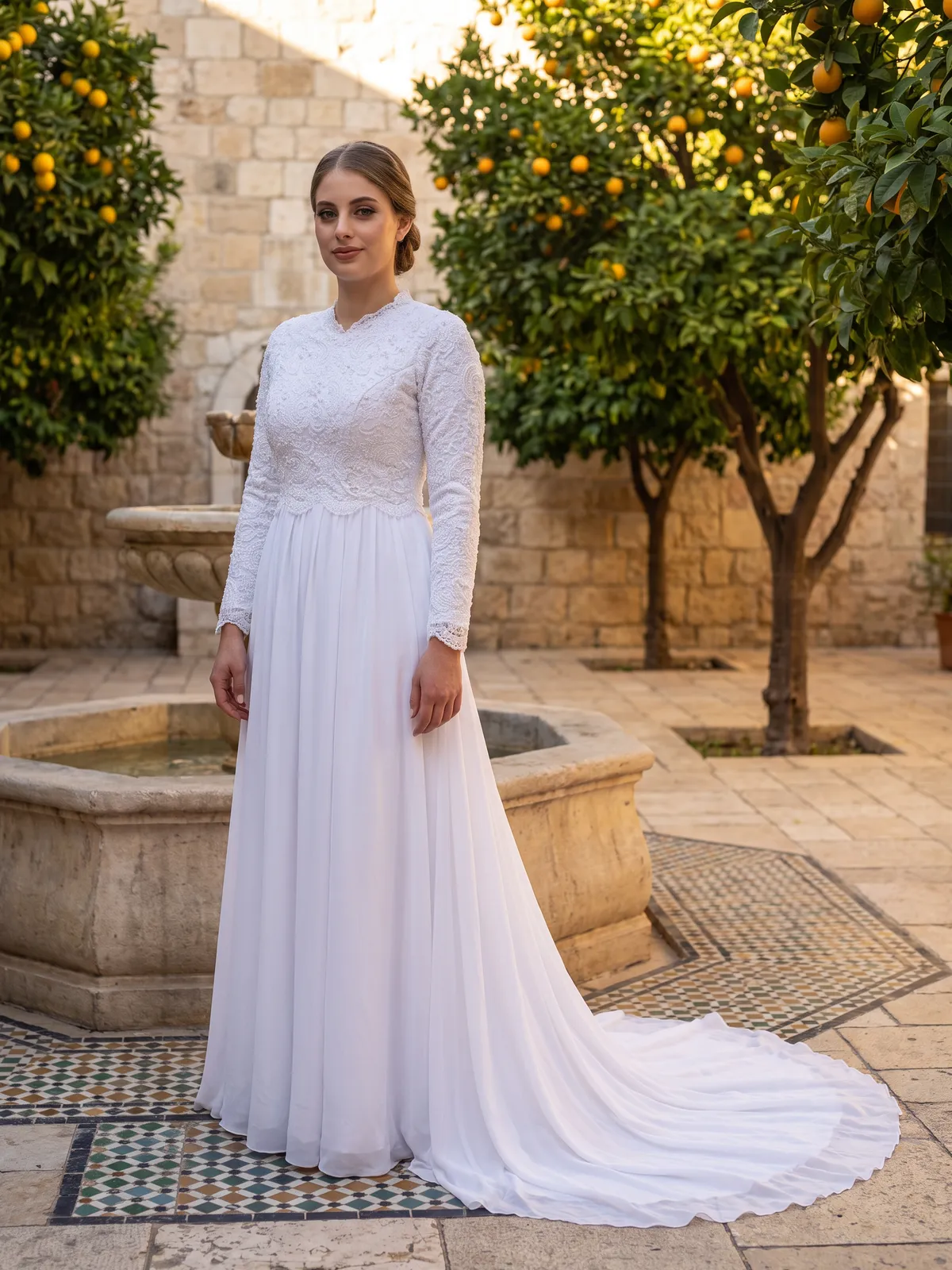 שמלת כלה צנועה מתחרה עם שרוולים ארוכים והינומה, בחצר מוקפת חומה עם מזרקה ועצי הדר