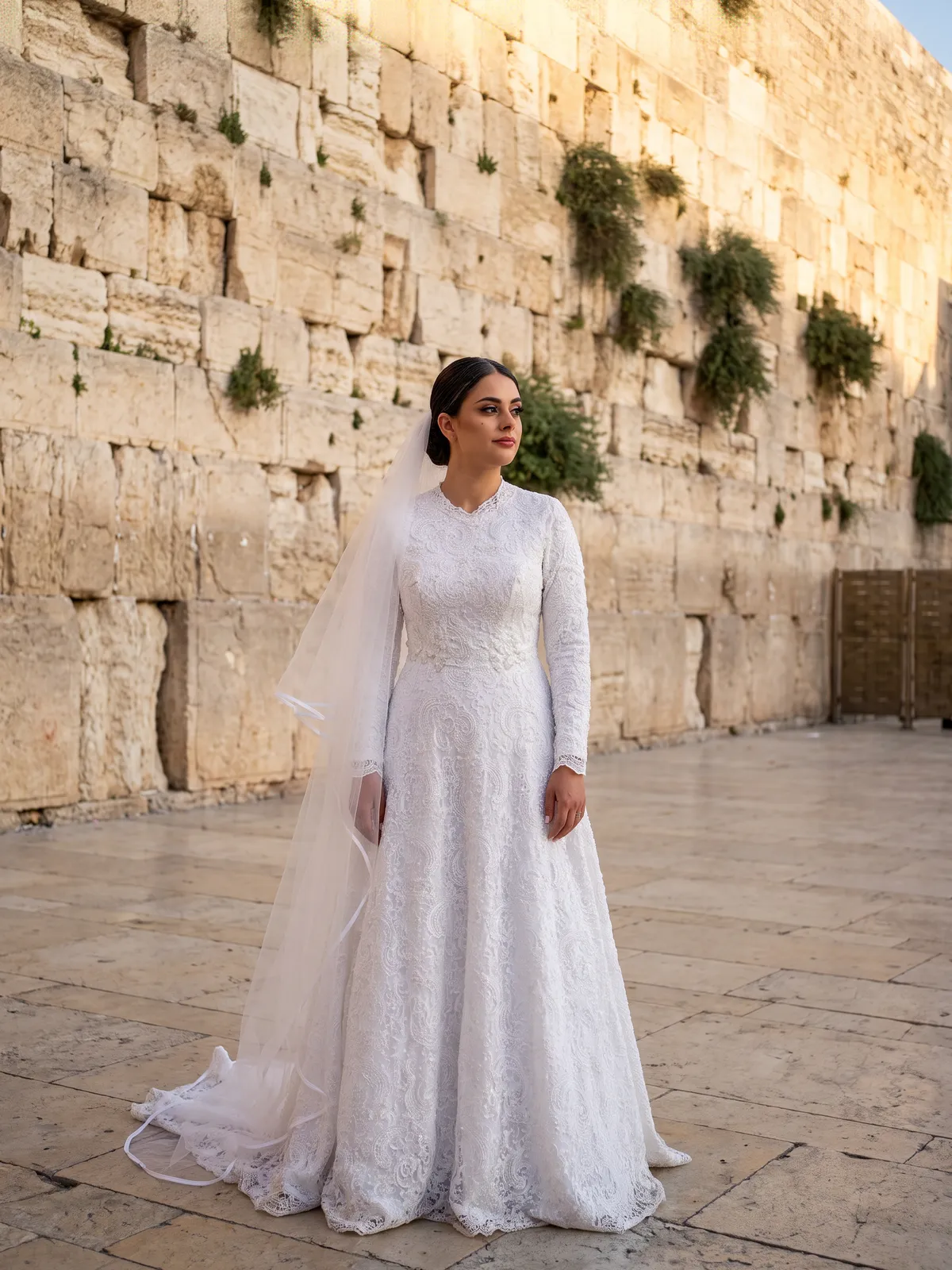 שמלת כלה צנועה מתחרה עם שרוולים ארוכים והינומה, ברחבת הכותל המערבי בירושלים